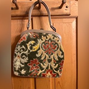 Floral Carpet Bag Purse Clutch Tan Green Orange Yellow